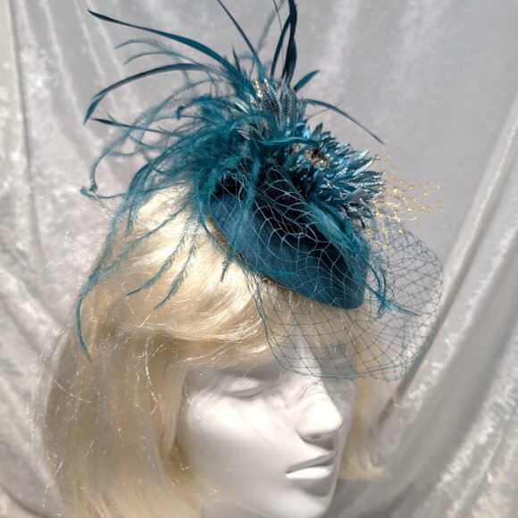 Charming Teal and Gold Pillbox Style Fascinator - Picture 5 of 5